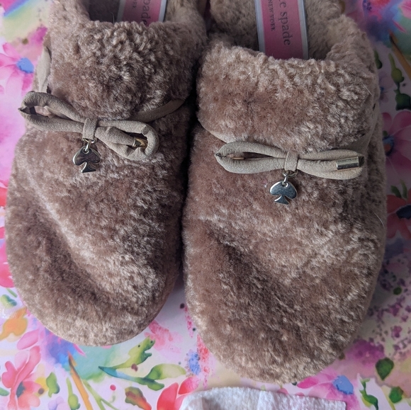 Kate Spade Tan Fuzzy Slippers with Bow - Picture 4 of 4